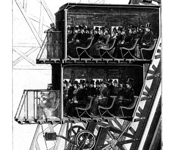 Ascenseur électrique de la marque Otis avec machiniste, Tour Eiffel, 1889